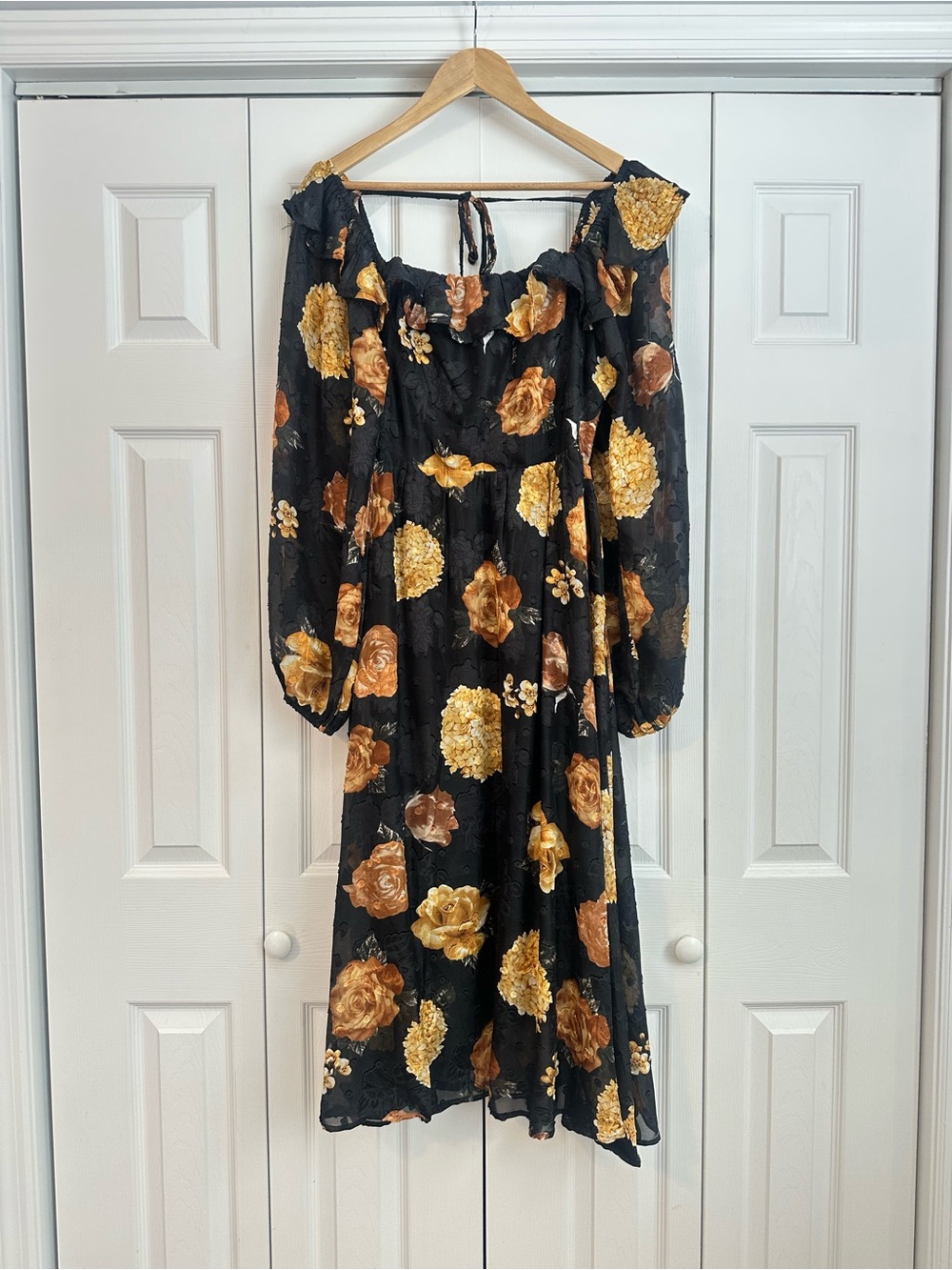 Black Floral Midi Dress - Elegant Gold Rose Print, L